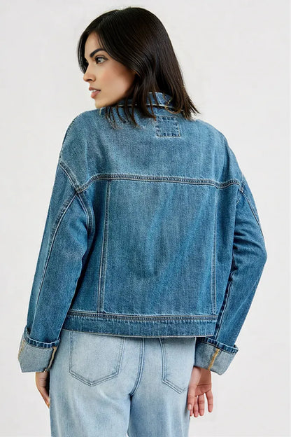 RISEN Oversized Cargo Pocket Denim Jacket with Cuffed Sleeves MEDIUM