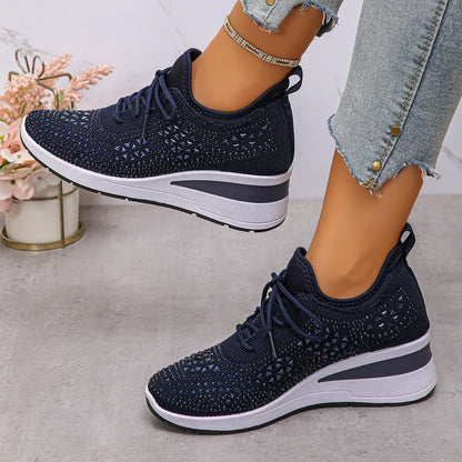 Breathable Mesh Rhinestone Wedge Athletic Sneakers Dark Blue