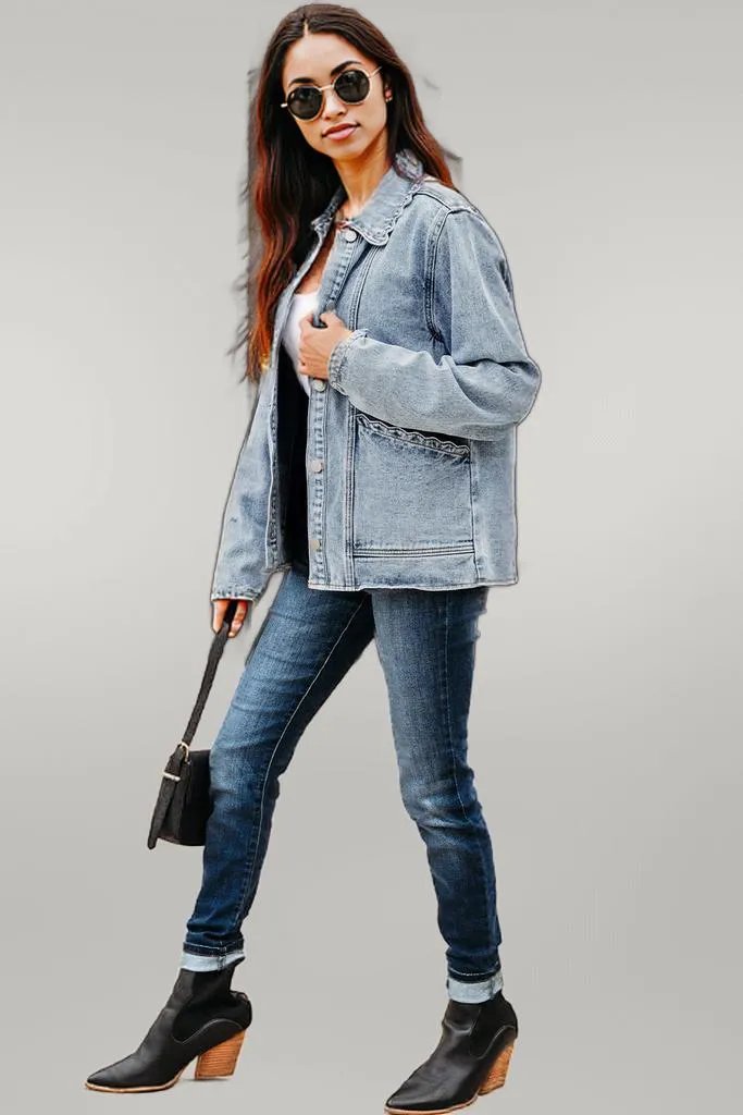Sail Blue Scallop Trim Collar Patched Pocket Button Up Denim Jacket Myosotis 75%Cotton+25%Polyester