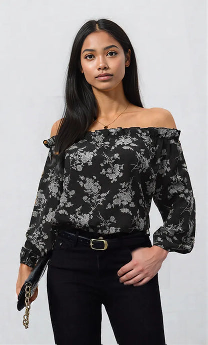 Printed Off-Shoulder Balloon Sleeve Blouse