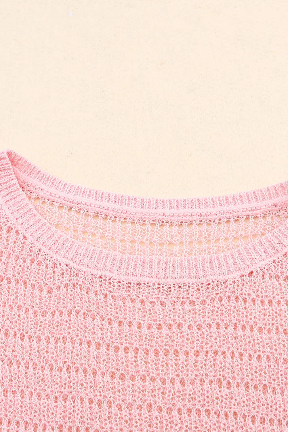 Pink Knitted Eyelets Round Neck Long Sleeve Top Pink 100%Polyester