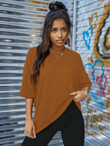 LOS ANGELES Round Neck Dropped Shoulder T-Shirt Caramel