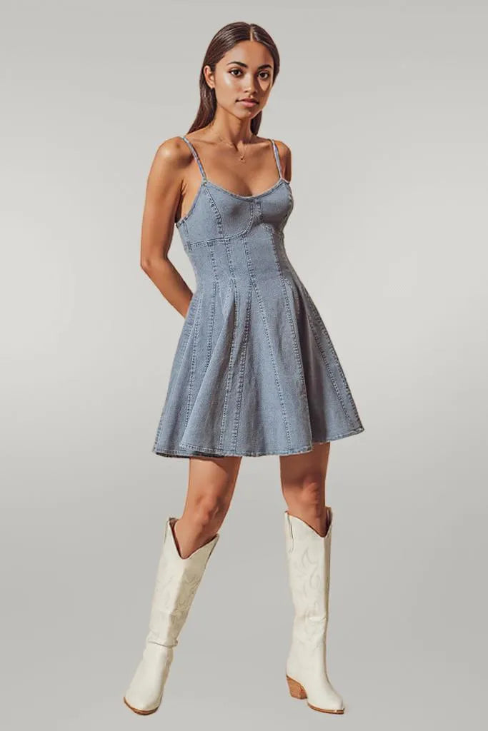 SO ME A Line Fit and Flare Denim Mini Dress DENIM