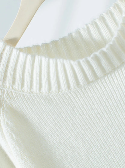 Ribbed Knit Boat Neck Sweater White