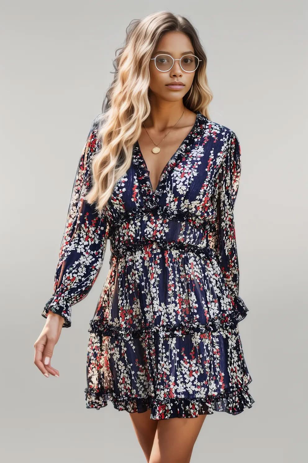 Blue Ruffle Detailing Open Back Floral Dress