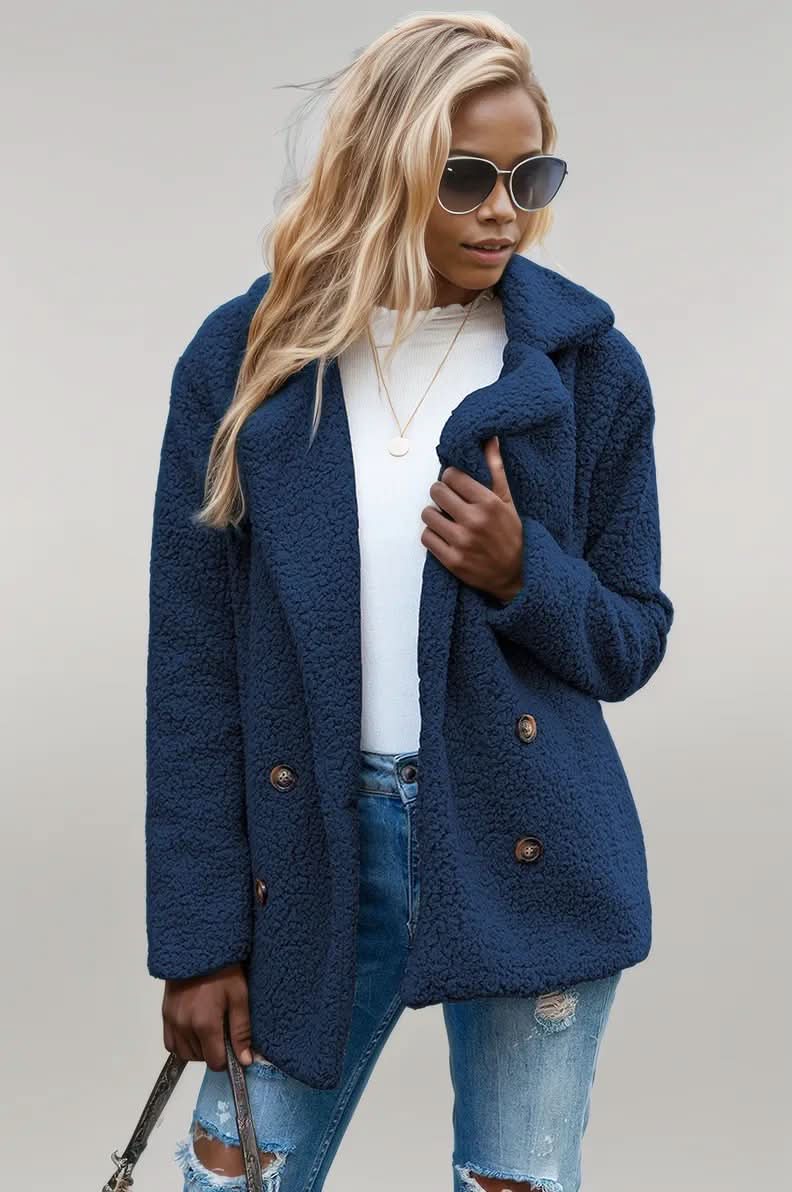 Ivy Lane Full Size Lapel Collar Sherpa Coat Dark Blue