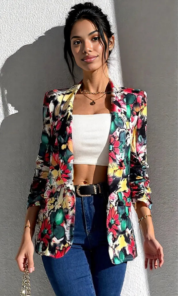 Vibrant Floral Print Open Front Blazer