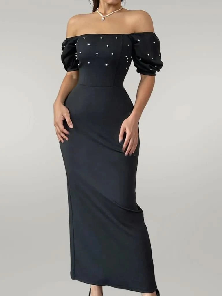 Off Shoulder Short Sleeve Maxi Dress Black