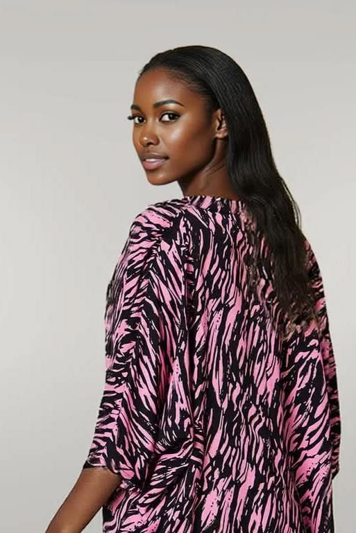 Double Take Full Size Printed Notched Three-Quarter Sleeve Blouse