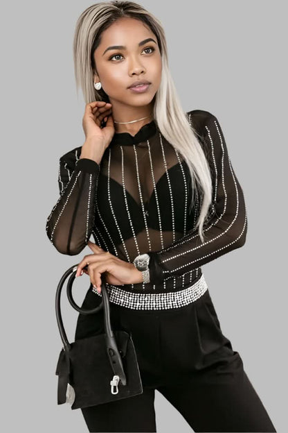 Black Rhinestone Decor Striped Mesh Long Sleeve Bodysuit