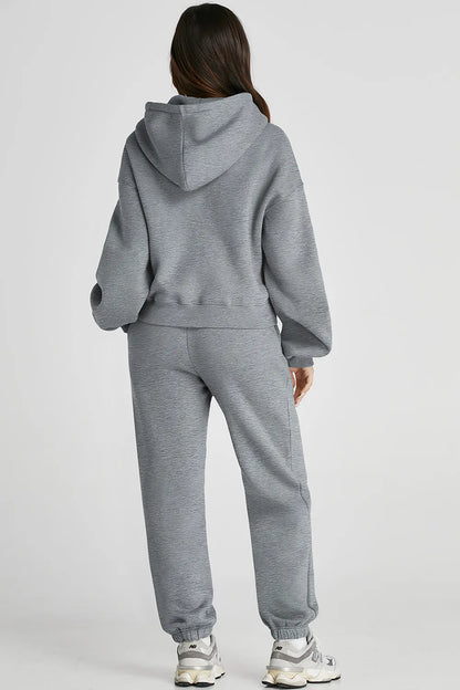 Dropped Shoulder Hooded Top and Pants Active Set Gray