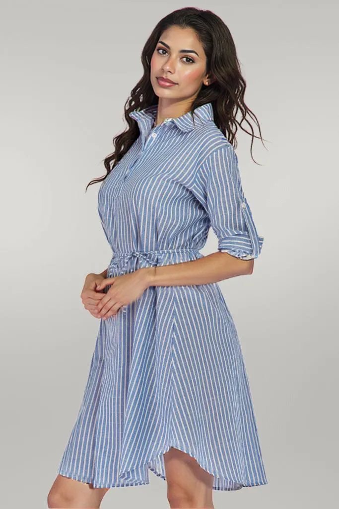 Full Size Striped Quarter-Button Roll-Tab Sleeve Shirt Dress