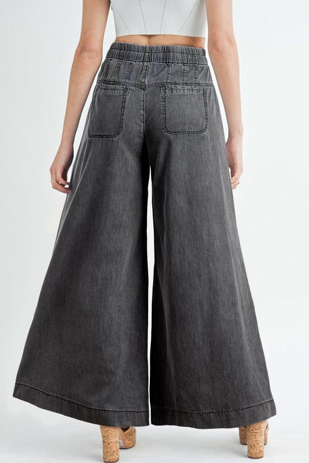 Blue Mineral Wash Button Fly Waist Wide Leg Jeans