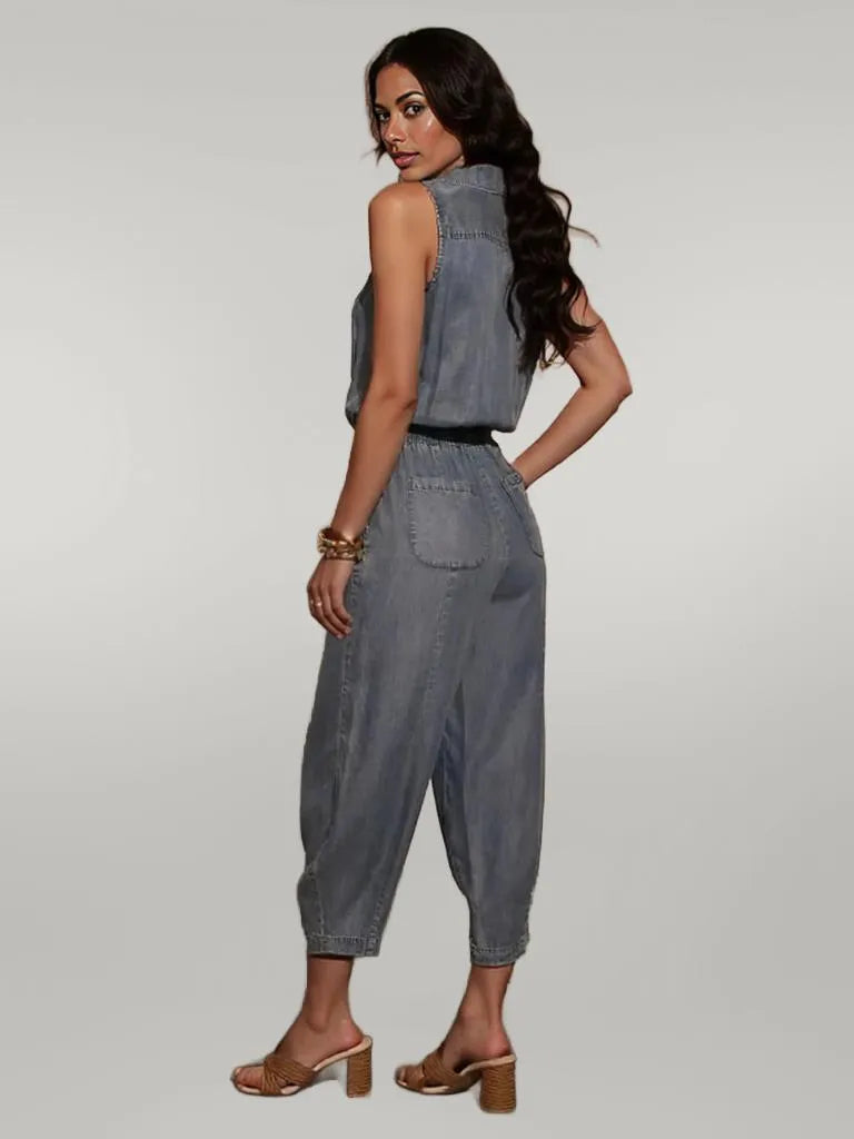 Sleeveless Drawstring Waist Washed Denim Jumpsuit