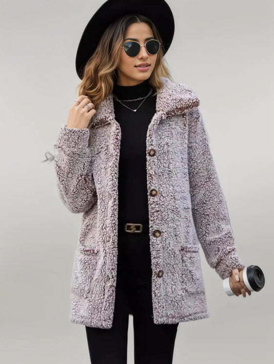 Pocketed Collared Neck Long Sleeve Plush Jacket Black