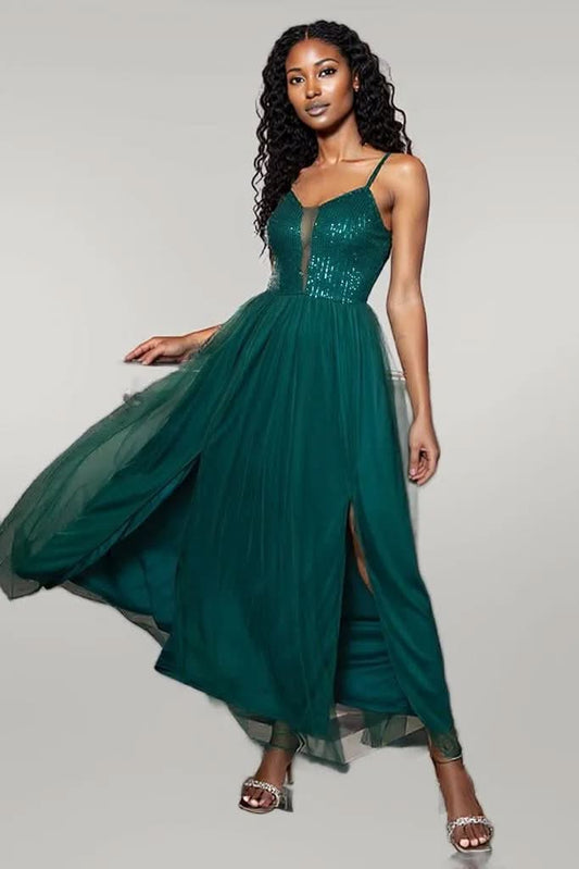 Spaghetti Strap Slit Mesh Dress Turquoise