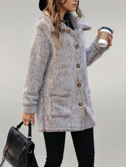 Pocketed Collared Neck Long Sleeve Plush Jacket