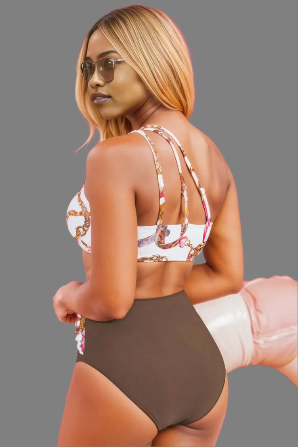 Khaki Abstract Print One Shoulder Ring Linked High Waist Bikini