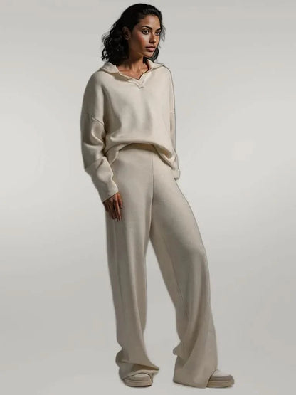 Johnny Collar Long Sleeve Top and Pants Sweater Set Cream One Size