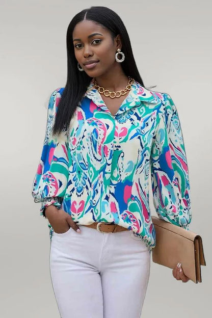 Printed Puff Sleeve Collared Blouse Pastel Blue