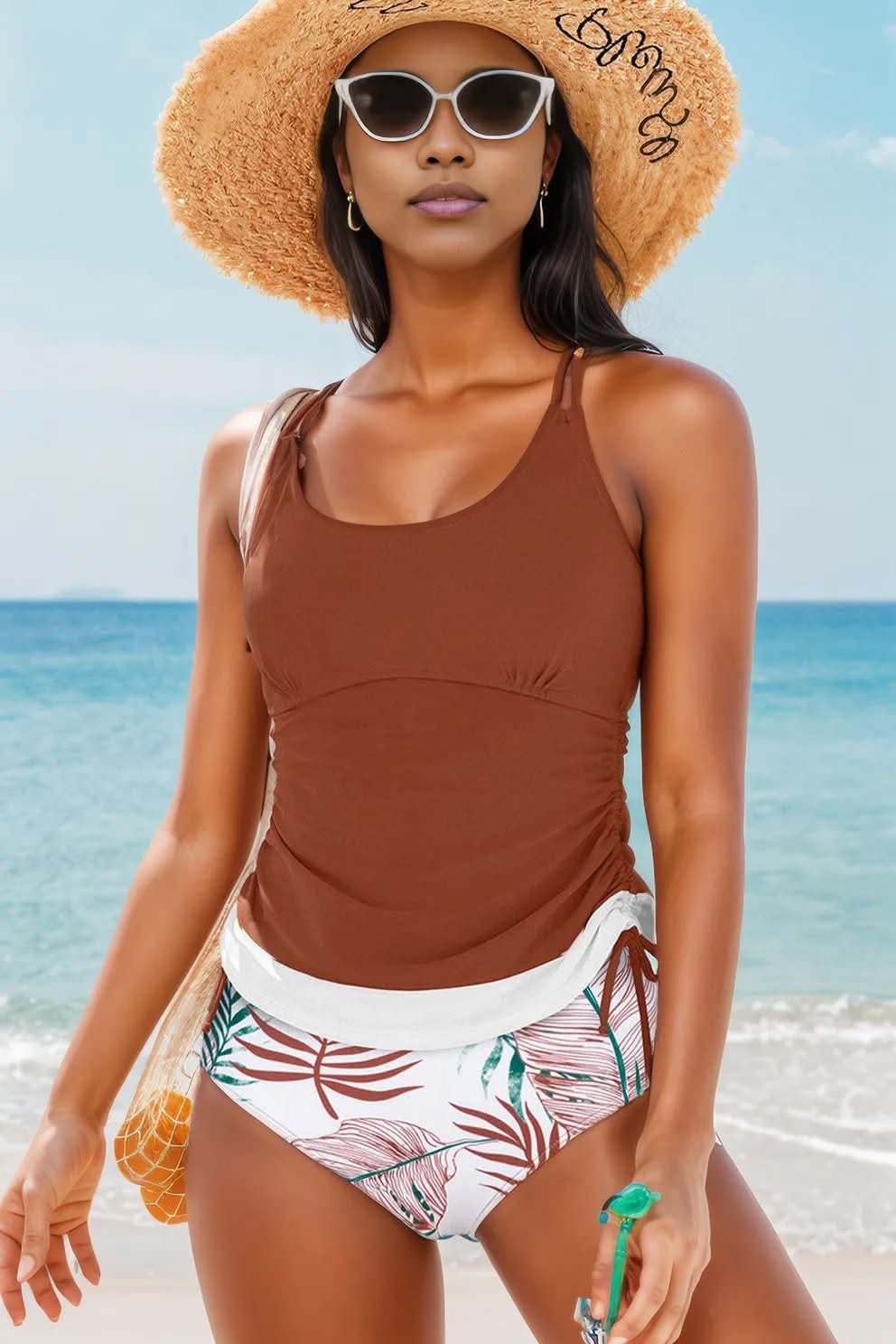 Mineral Red Drawstring Tummy Control Mix-and-match 2pcs Tankini Swimsuit Mineral Red 82%Polyamide+18%Elastane