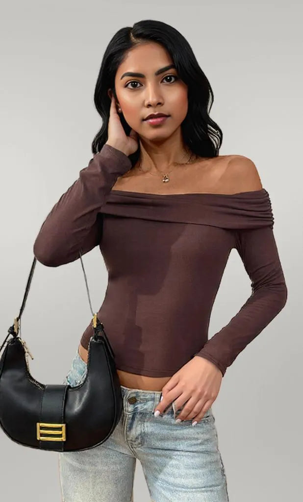 Off-Shoulder Long Sleeve Fitted T-Shirt