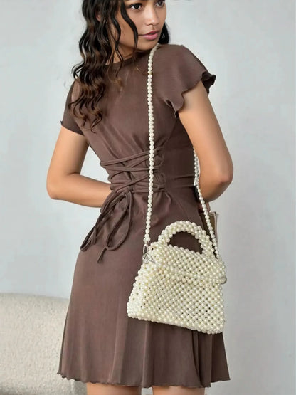 Ribbed Back Lace Up Short Sleeve Mini Dress
