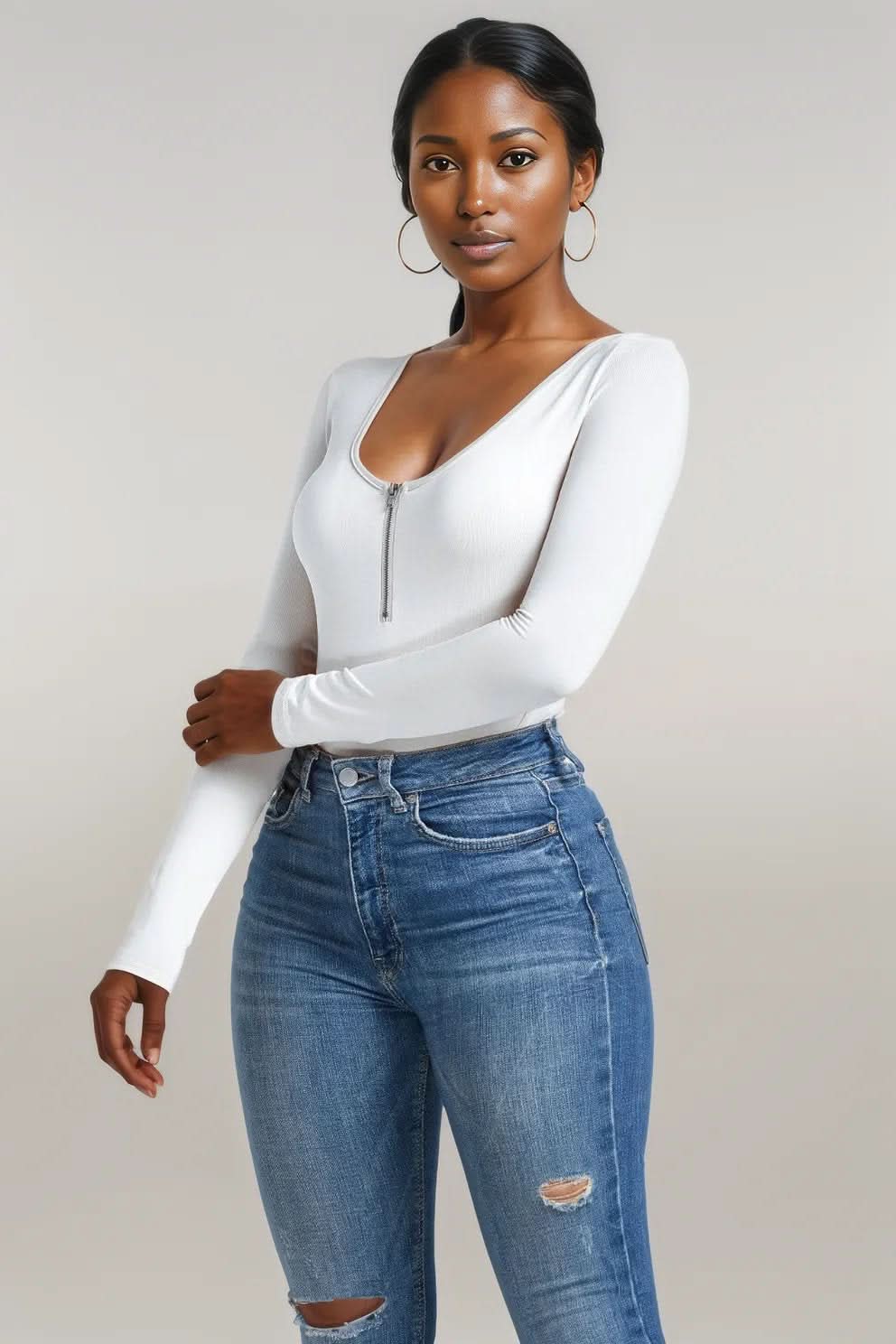 Half Zip Scoop Neck Long Sleeve Bodysuit