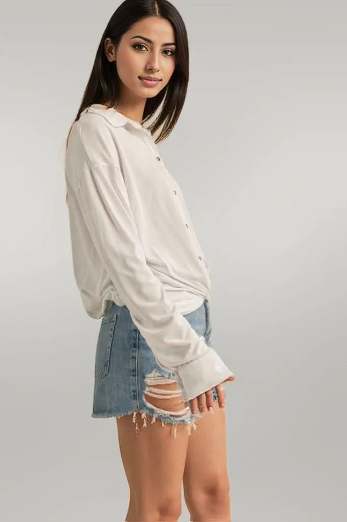 Aemi + Co Twisted Hemline Button Detail Collared Neck Top White