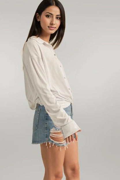 Aemi + Co Twisted Hemline Button Detail Collared Neck Top White
