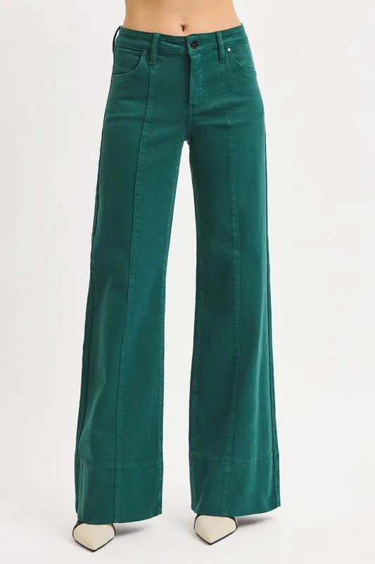 RISEN Full Size Tummy Control Mid Rise Wide Leg Jeans HUNTER GREEN