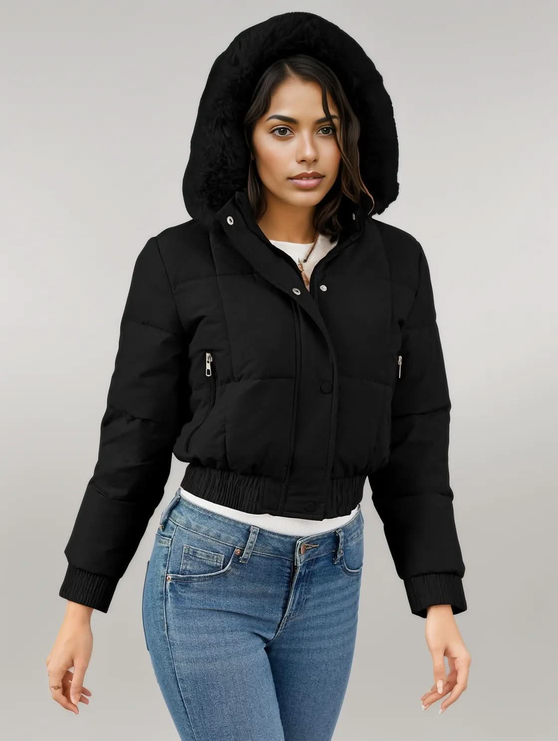 Pocketed Long Sleeve Cropped Hooded Winter Coat