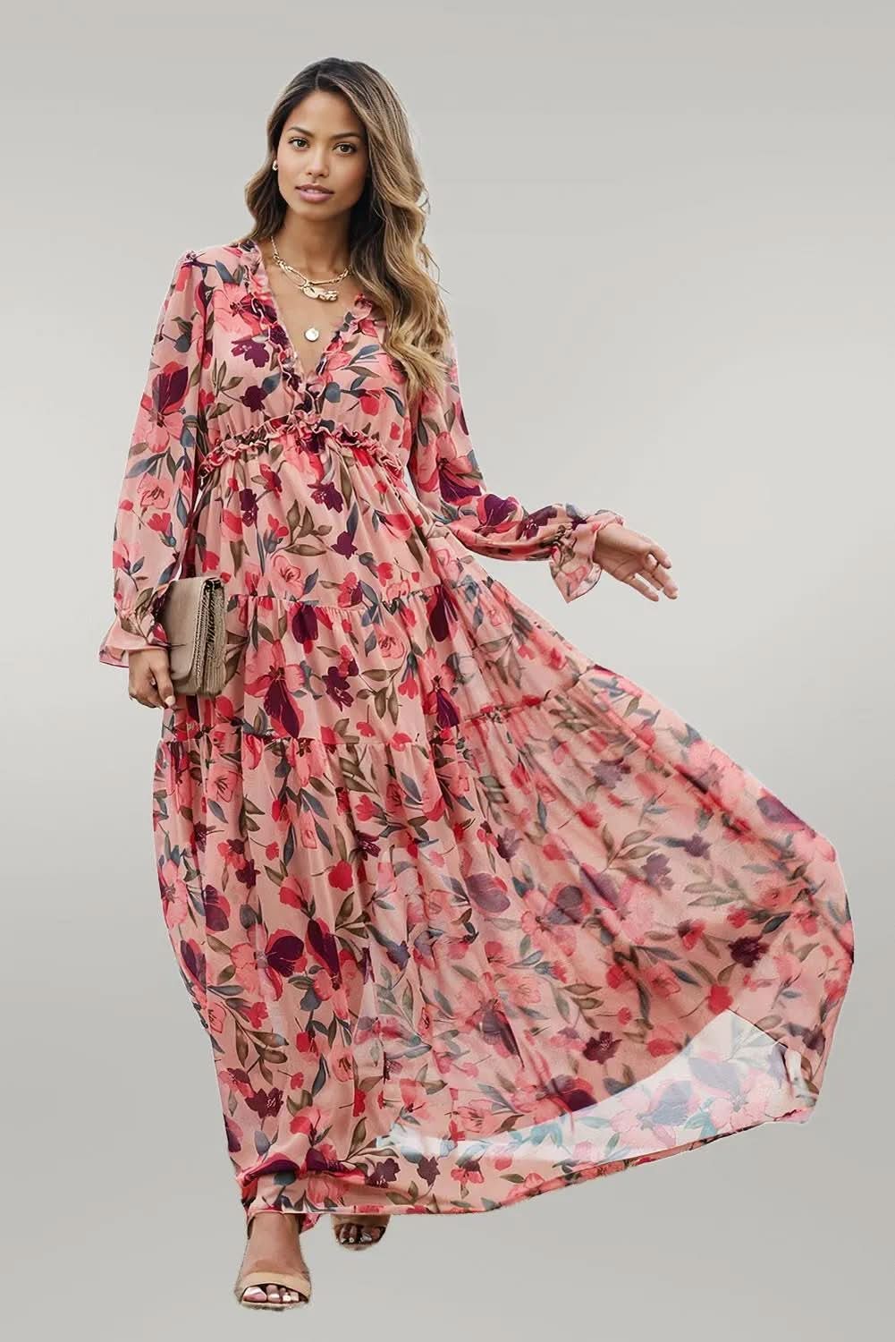 Floral Frill Trim Flounce Sleeve Plunge Maxi Dress Floral