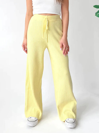 Ribbed Wide Leg Sweater Pants Pastel Yellow