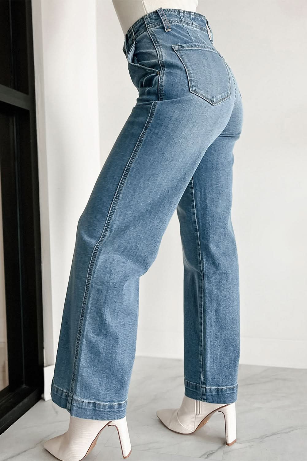 Dusk Blue Multi Buttons Medium Wash Straight Loose Leg Jeans Dusk Blue 75%Cotton+23%Polyester+2%Elastane