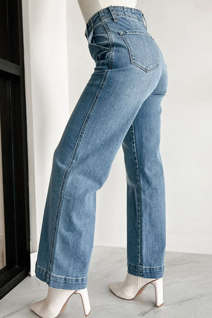 Dusk Blue Multi Buttons Medium Wash Straight Loose Leg Jeans Dusk Blue 75%Cotton+23%Polyester+2%Elastane