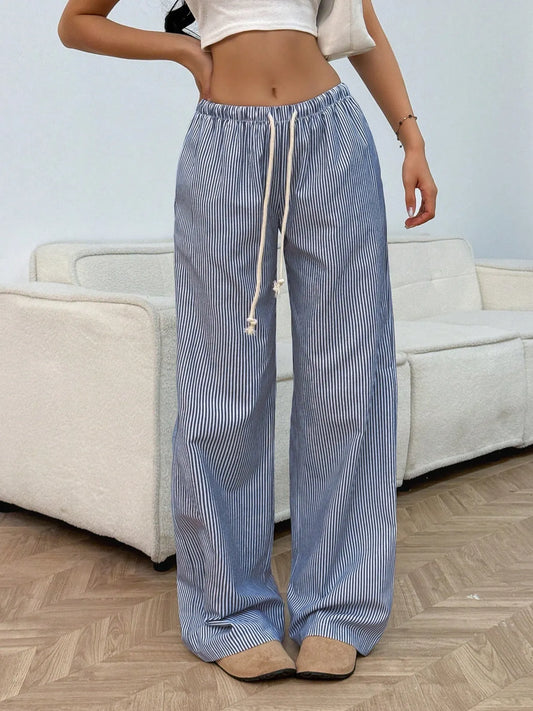 Drawstring Striped Wide Leg Pants Black