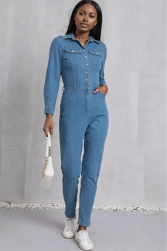 Snap Down Denim Jumpsuit with Pockets Medium