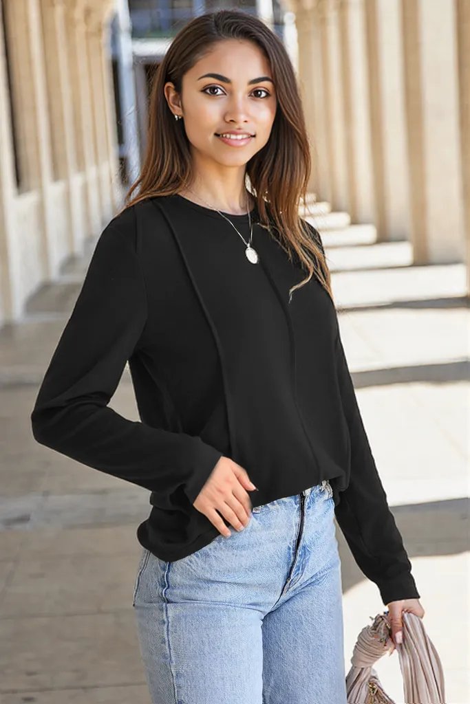 Black Solid Exposed Seam Crew Neck Long Sleeve Top