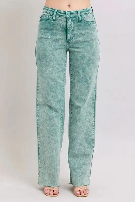 Judy Blue Full Size High Waist Garment Dyed Raw Hem Dad Jean SEA GREEN