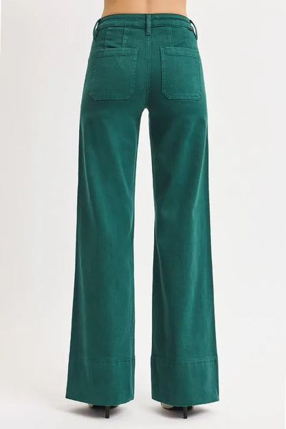 RISEN Full Size Tummy Control Mid Rise Wide Leg Jeans HUNTER GREEN