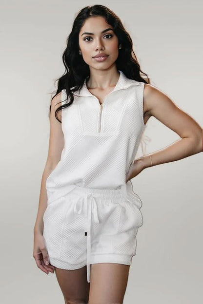White Textured Half Zip Tank Top Drawstring Shorts Set White 97%Polyester+3%Elastane