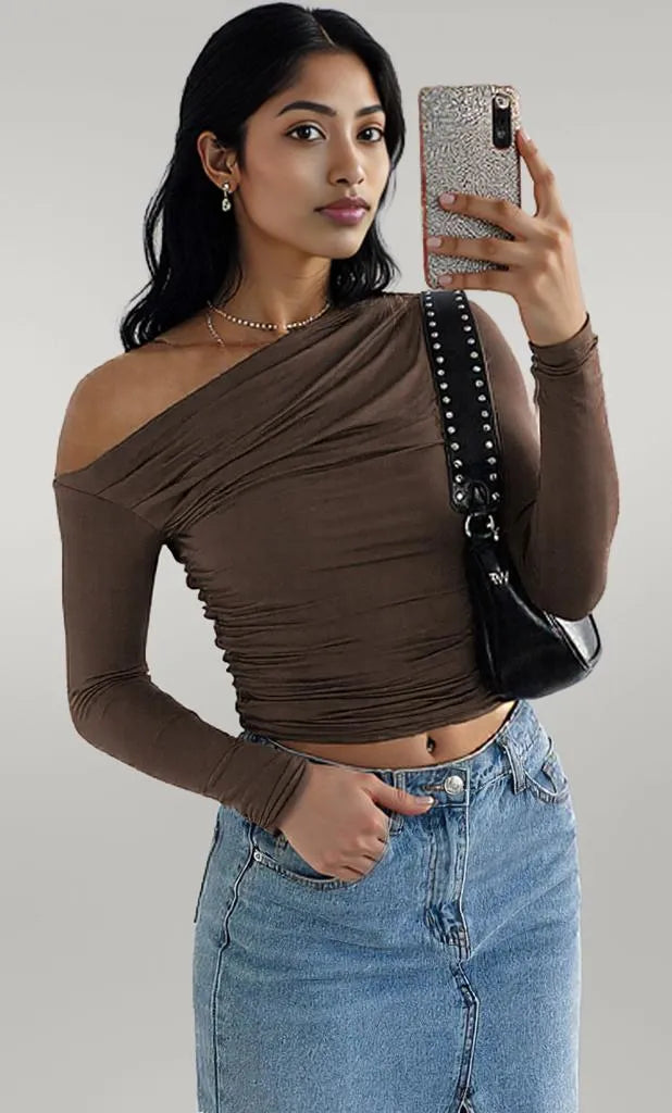 Ruffled Single Shoulder T-Shirt Brown