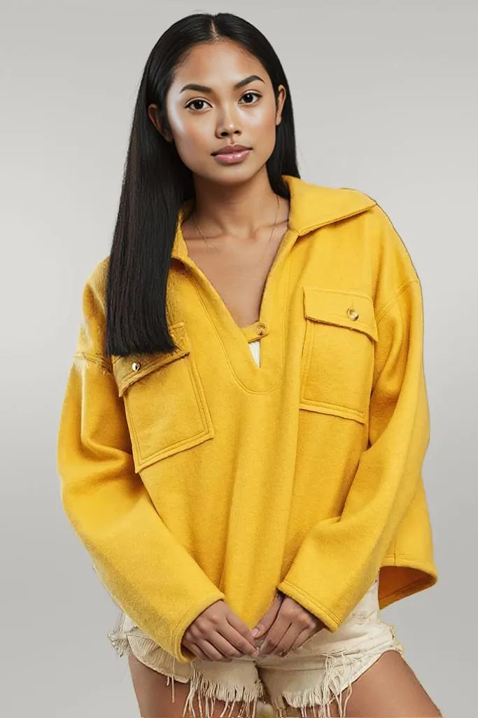 BiBi Flap Pockets Fleece Collared Sweatshirt