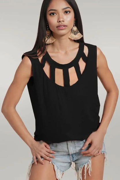 BiBi Cutout Round Neck Sleeveless Top Black