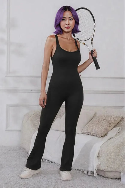 Scoop Neck Wide Strap Active Jumpsuit Black
