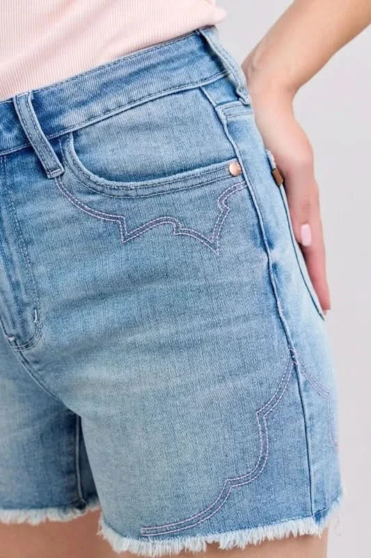 Judy Blue Full Size High Waist Western Embroidery Detail Cut Off Denim Shorts