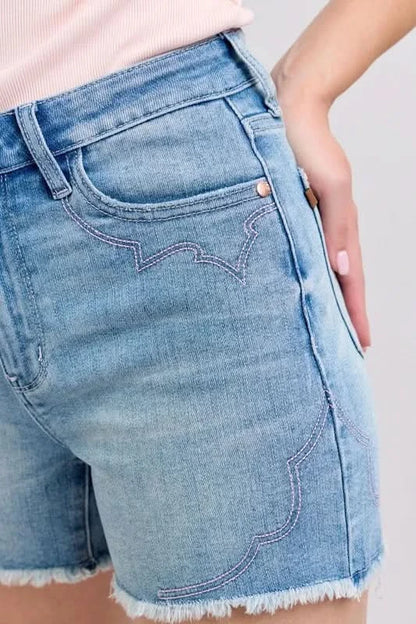 Judy Blue Full Size High Waist Western Embroidery Detail Cut Off Denim Shorts