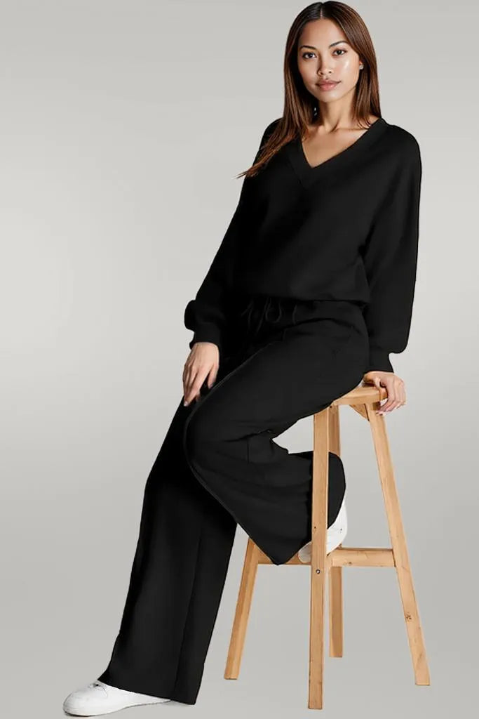 V-Neck Long Sleeve Top and Pants Active Set
