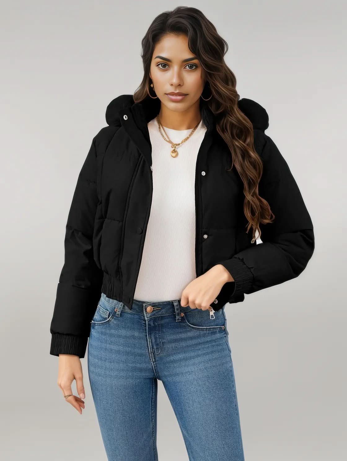 Pocketed Long Sleeve Cropped Hooded Winter Coat Black